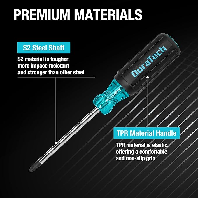 DURATECH 5 PCS S2 Steel Screwdriver Set, Professional Screwdrivers with Non-Slip Cushion Grip & Marked Specifications, 2 Phillips 2 Flathead and 1 Square Head Screw Driver, for Home and Industrial Use
