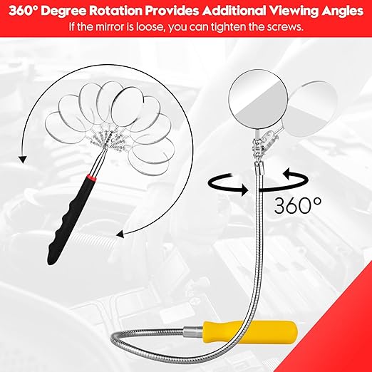 Telescoping Inspection Mirror, 2 Pcs Flexible Retractable Automotive Extension Round Mirror 360 Rotation&Bendable Circular Mirror, Extendable Mirror on a Stick for Checking Vehicle Condition