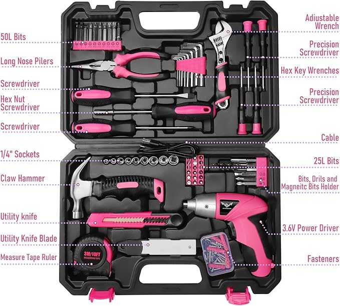 Pink Household Tool Set with 3.6V USB Electric Screwdriver, 151 PCS Home Tool Kit with Cordless Lithium-ion Drill Driver, Hand Tool Kits for Women