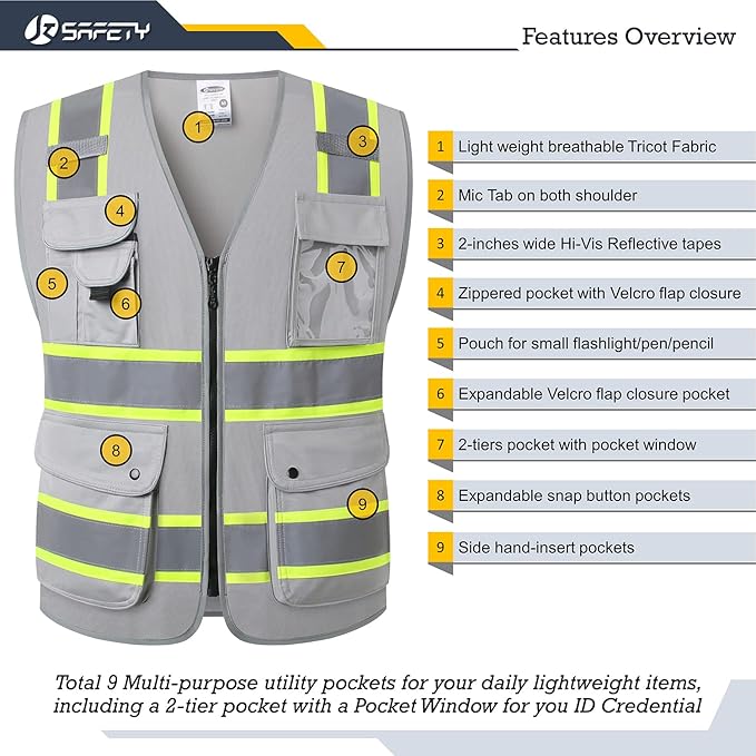 JKSafety 9 Pockets Hi-Vis Fluorescent Color Zipper Front Safety Vest with Neon Color Extended Yellow Trims for Men and Women Work Safety Utility (901-Grey XXL)