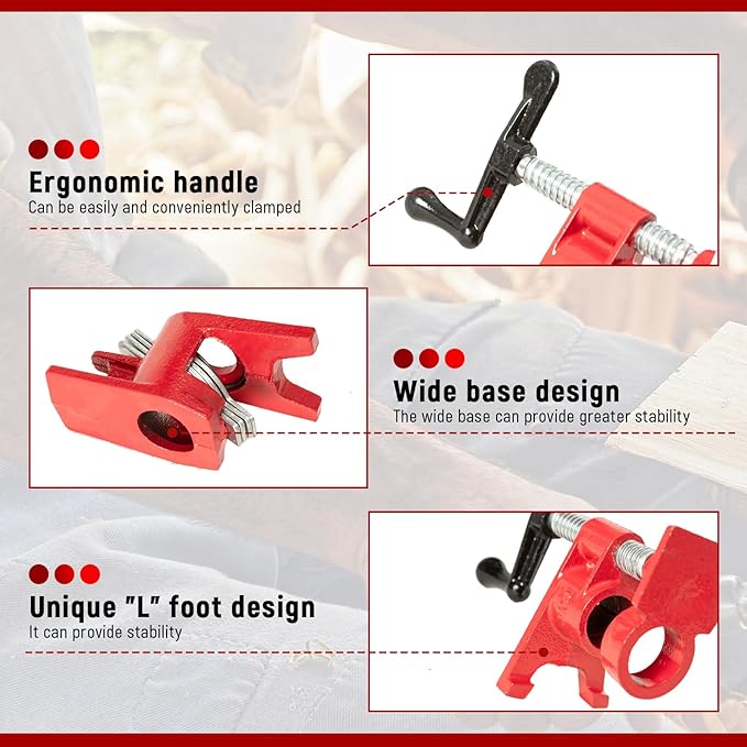 Pipe Clamps 3/4 inch 6 Pack Pipe Clamp with Unique Foot Ideal for Carpentry, Home Improvement, and DIY Projects Wood Gluing Clamps (Red, 3/4 IN)