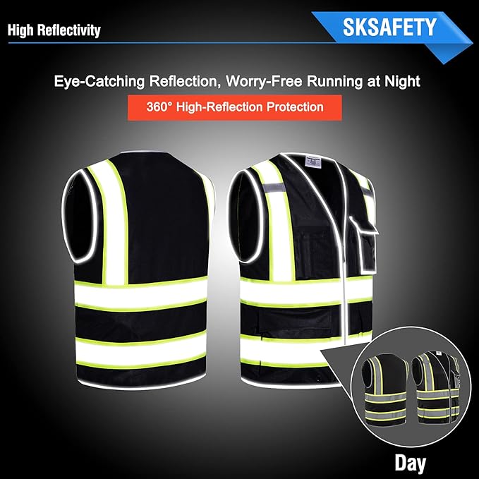 SKSAFETY 10 Pockets Safety Vest, Class 2 High Visibility Security with Zipper, Hi Vis Vest with Reflective Strips, ANSI/ISEA Standard, Construction Work Vest for Men ＆ Women （Black, XL）