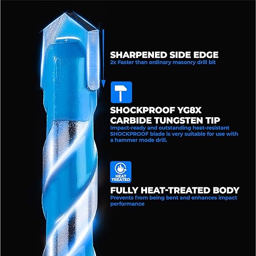 toolant Concrete Drill Bit Set & Masonry Drill Bit Set, Shockproof Hex Shank Drill Bit Set (7pcs) for Glass/Brick/Plastic/Cement/Tile, Industrial Strength Carbide Drill Bit Tip, 5/32"-3/8" Box of 7