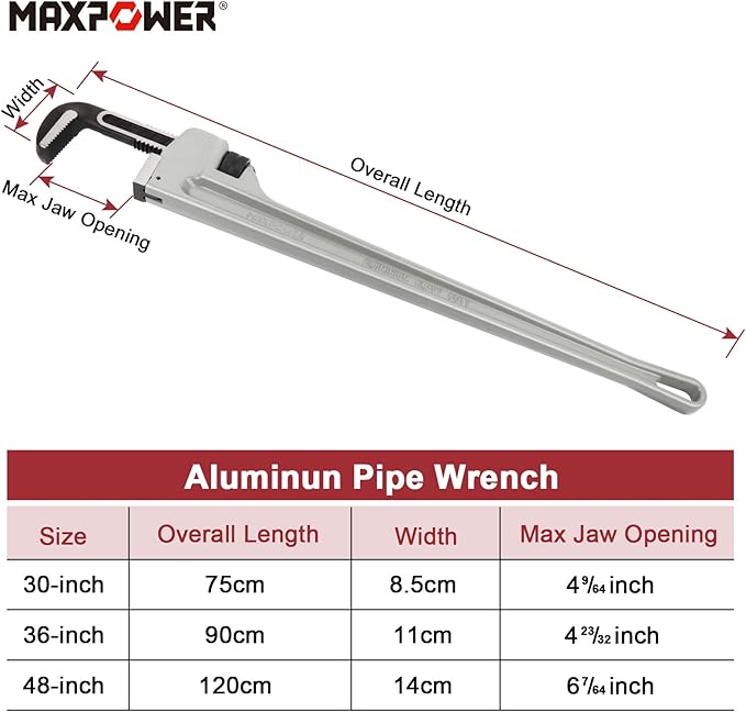MAXPOWER 30-inch Pipe Wrench, Aluminum Straight Plumbing Wrench Heavy Duty Adjustable Pipe Wrench