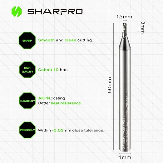 Carbide Ball Nose End Mills Set 2 Flute 4mm SHK. 1.5mm Cutting Dia. 3D Carving, High-Speed and Deep Cutting, AlCrN Coated, Apply for Alloy Steel, Stainless Steel and Various Cast Iron. (5PCS)