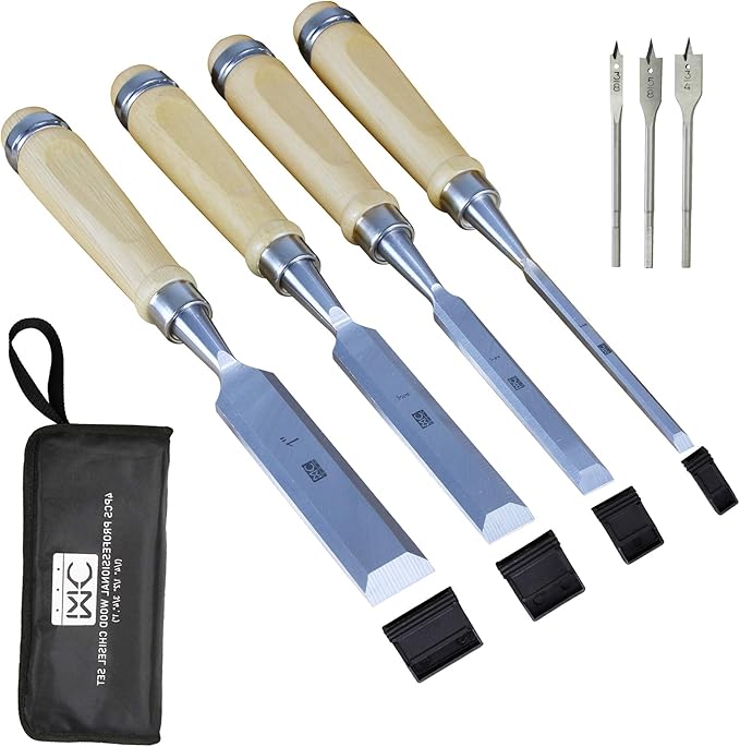 Woodworking 4 PC Wood Chisel Set Chrome-Vanadium Steel with Hornbeam Handles for Carpentry, Woodworking, Carving, Craftsman, 1/4 inch,1/2 inch,3/4 inch, 1 inch
