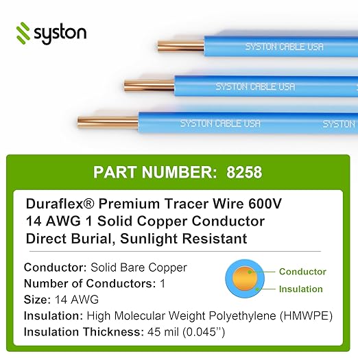 14 AWG Tracer Wire 600V 100% Solid Copper Conductor Direct Burial Underground, Blue Tracer Wire for Locating Underground Pipes and Lines Water Sewer Pipe Fiber Optic Gas Electrical Wire, 500 FT