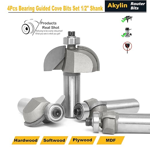 4pcs Cove Router Bit Set,1/2" Shank,Radius 3/16",1/4",7/16", and 9/16",Cove Edging Cutter for Wood Profiling,Routing,Molding