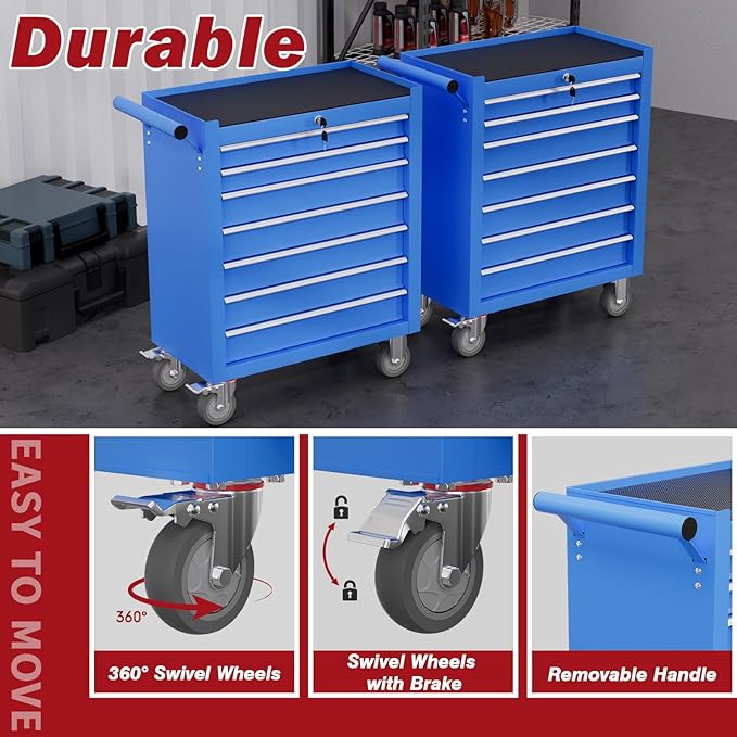 Rolling Tool Chest with Drawers, 7 Drawers Tool Chests & Cabinets, Metal Toolbox with Wheels, Lockable Storage Cabinet, Garage Tool Box with Drawers (Blue, 7 Drawers)