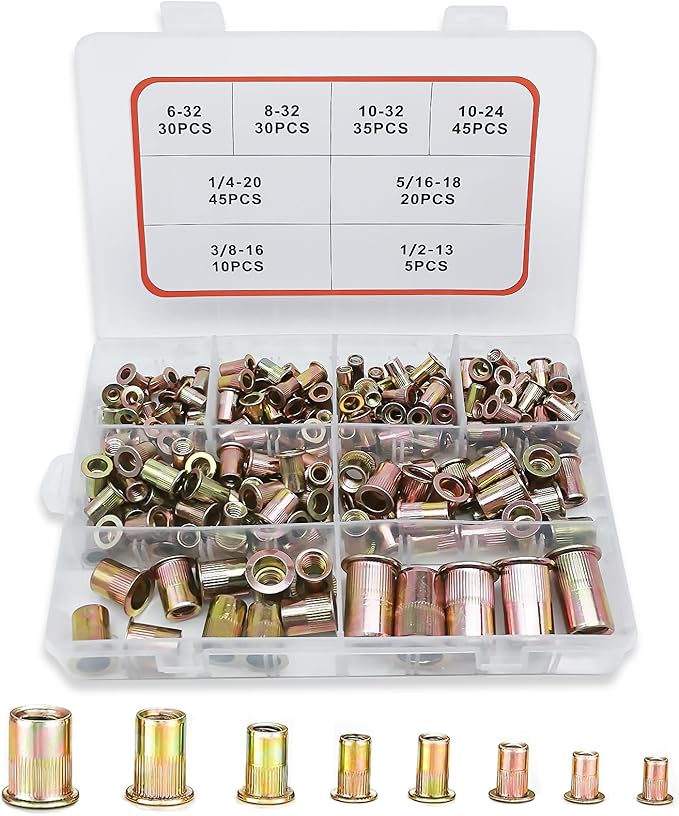 SAE Rivet Nut Kit, 220PCS Rivet Nuts Assortment Kit, Rivnut Kit, Nutsert Kit, Rivnuts Nutserts Kit, Flat Head 6-32 8-32 10-32 10-24 1/4-20 3/8-16 5/16-18 1/2-13