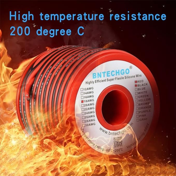 BNTECHGO 18 Gauge Flexible 2 Conductor Parallel Silicone Wire Spool Red Black High Resistant 200 deg C 600V for Single Color LED Strip Extension Cable Cord,Model,50ft Stranded Tinned Copper Wire