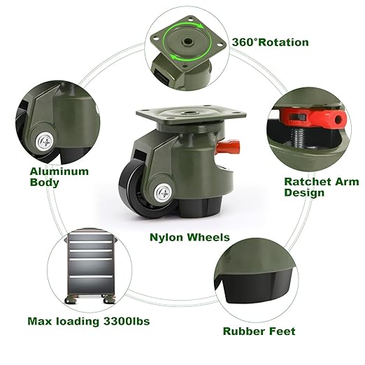 Leveling Casters Set of 4, Workbench Casters with Ratchet Arm, 3300 LBS, Green Heavy Duty Retractable Leveling Machine Casters, Nylon Wheels & Leveling Feet, Suitable for Shelves and Workbenches