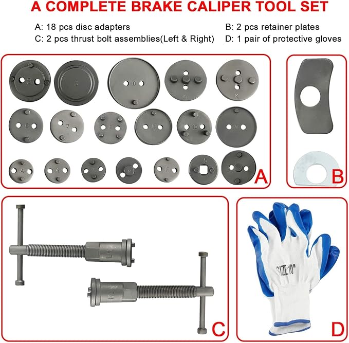22PCS Disc Brake Caliper Wind Back Tool Kit, Car Brake Piston Compressor and Wind Back Tool Set for Brake Pad Replacement