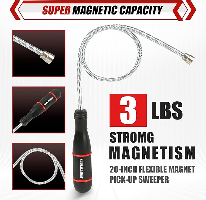 TOOLEAGUE 7Pcs Telescoping Magnetic Pickup Tool Set, Extendable LED Flashlight,Round & Square 360° Inspection Mirror for Men Mechanics, and Handymen, Red