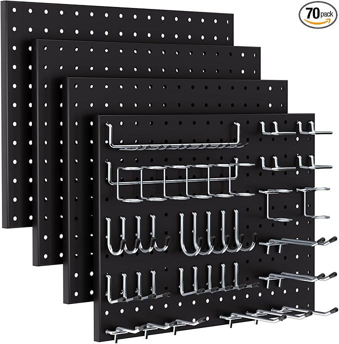 INCLY 70PCS Pegboard Wall Organizer, 4 Pack Metal Peg Board Panels with 1/4" Pegboard Hooks Accessories Kit, Black Peg Board for Walls Home, Garage Tool Storage, Workbench Organization