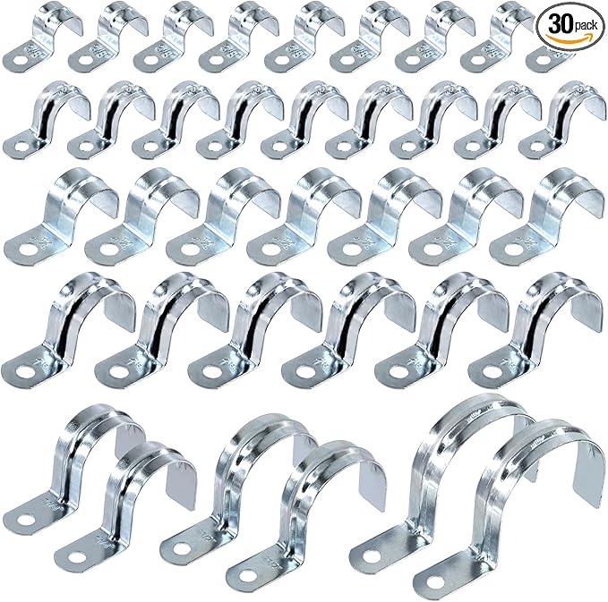 Swpeet 85Pcs 7 Size Zinc Plated One Hole EMT Pipe Strap Assortment Kit, Pipe Straps U Bracket Tube Strap Pipe Clamp 1 Hole Snap On Pipe Strap Conduit Clamps Tension Clips for Fixing EMT Conduit Pipe