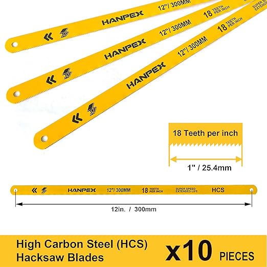 Hacksaw Replacement Blades (10 Pack) High Speed 18 TPI - 12" Length Hack Saw Blade - High Carbon Steel (HCS) Cutting Blades