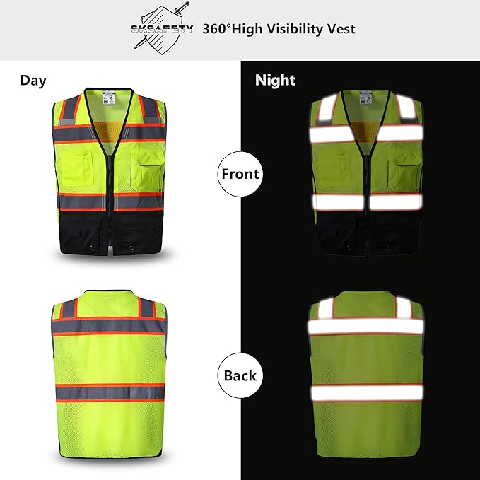 SKSAFETY 10 Pockets Professional level Safety Vest, Class 2 High Visibility Security Vest with Zipper, Hi Vis Vest with Reflective Strips, ANSI/ISEA Standard, Construction Work Vest（Lime Black, XL）