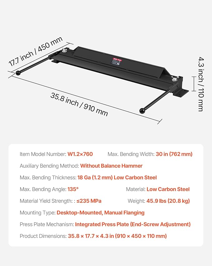 VEVOR Box and Pan Brake, 30 in Sheet Metal Bending Brake, 18-Gauge Capacity, 0-135 Degree Adjustable, Metal Bender Machine, No Wobbling, Heavy-Duty Aluminum Folder for Precise Batch Bending
