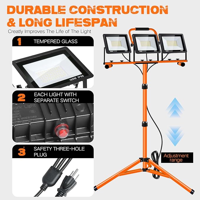 21000 Lumen Work Lights with Stand, 3 Adjustable Head LED Work Light, with Adjustable and Foldable Tripod Stand, Waterproof Lamp with Individual Switch with 6500 Kelvin Color Temperature