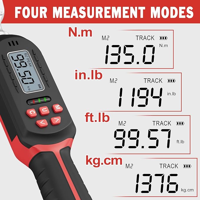 Digital Torque Wrench 3/8 Inch drive(5-99.5 ft-lbs./6.8-135Nm), ±2% Torque Accuracy, Electronic Torque Wrench with Preset Value, Buzzer and LED Notification for Automotive Motorcycle & Bicycle