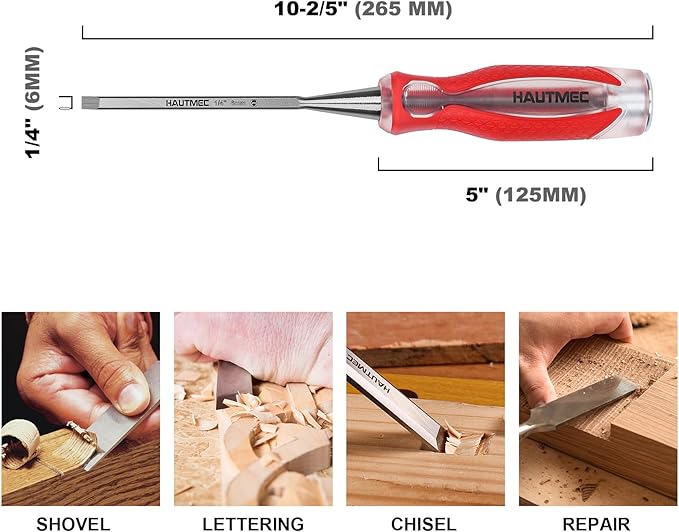HAUTMEC 1/4" Wood Chisel – High-Impact Drop-Forged CRV Steel, Fully Polished Beveled Edge Blades, Heavy-Duty Strike Cap & Extended Anti-Skid Handle – HT0359