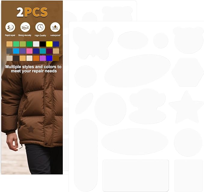 Azobur Down Jacket Repair Patches-Waterproof, Self-Adhesive,Nylon Fabric Patches for Puffy Jackets, Rain and Snow Gear, Tents, Sleeping Bag and More(White，2pcs)