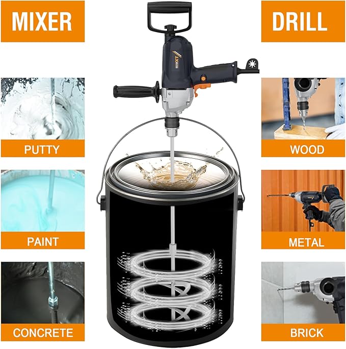 MAXXT Drill Mixer Set with Spade Handle 1/2 inch Electric Corded Mixing Drill Machine 9A Motor Concrete Mud Mixer