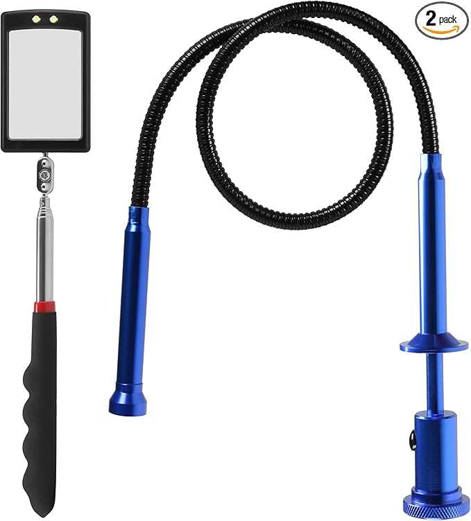 Telescoping inspection mirror with LED lights，Flexible Claw Grabber Tool Magnetic 4 Claw Picker. Combination tool set. Easy to extendable observe and grab the items in the gap picker upper grabber