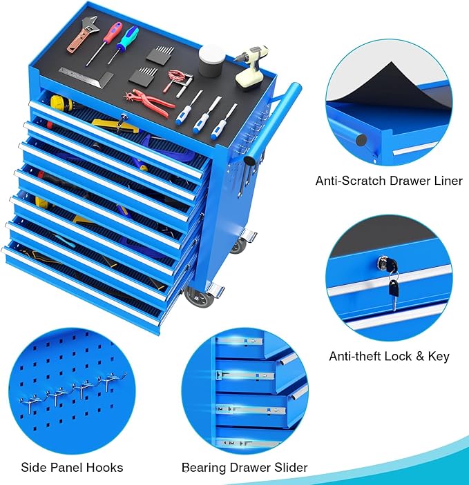 7 Drawers Metal Rolling Tool Chest, Portable Storage Tool Box with Wheels, Toolbox on Wheels for Warehouse, Garage, Repair Shop and Tool Room