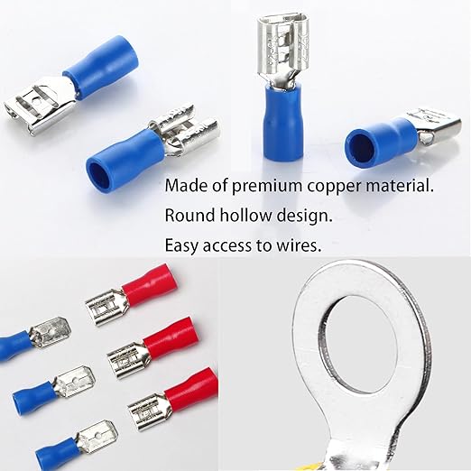 350pcs 19 Types Crimp Connectors, 2.8mm, 4.8mm, 6.3mm Male and Female Spade Terminals, Copper, Red, Blue, Yellow
