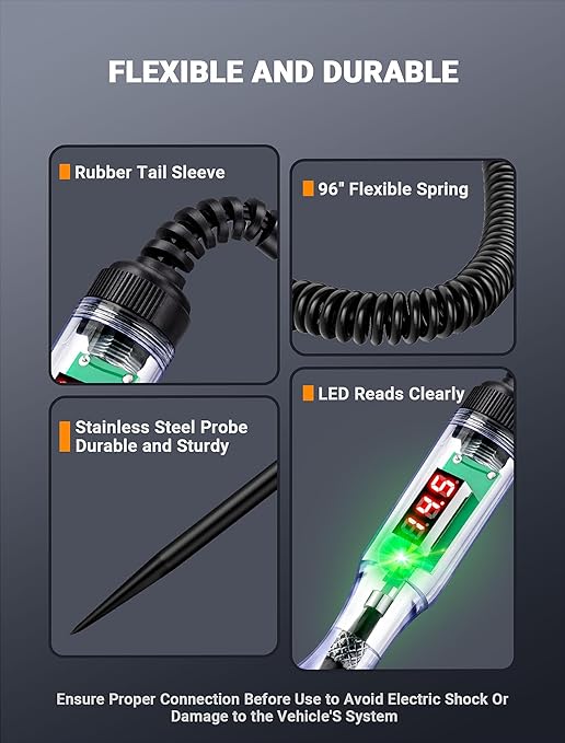Automotive Test Light with 3-48V LED Digital Display, Circuit Tester Automotive with Voltmeter and Dual Color Polarity Indicator Light, Electrical Voltage Test Pen with Sharp Stainless Probe