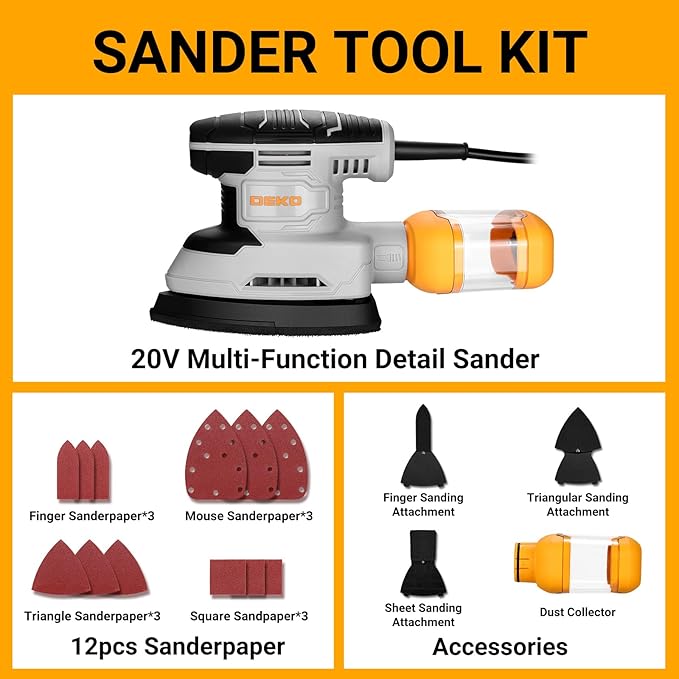 Detail Sander: DEKOPRO Multi-Function Mouse Sander Electric Sander Tool Corded Palm Sanders with Dust Collector, 3 Additional Attachments &12pc Sandpapers for Sanding,Polishing,Removing Paint in Home