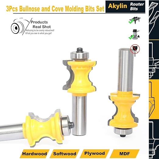 3Pcs Bull Nose Bead Molding Router Bit,1/2" Shank 1" CL,Bullnose and Cove Columns for Furniture Edge Trim,Wood-face Cutter for Architraves Profiles,Framing and Edge Moulds (3Units/Pack)