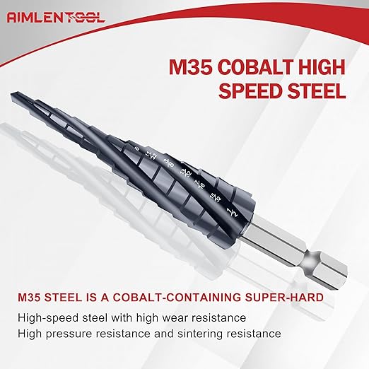 M35 Four Spiral Flute Cobalt Step Drill Bit, 1/8"-1/2" Wear-Resistant TiAlN Coated Four-Flute Step Bit, 1/4" Hex Shank Unibit Step Bit for Metal, Stainless Steel, Aluminum, Wood, Plastic