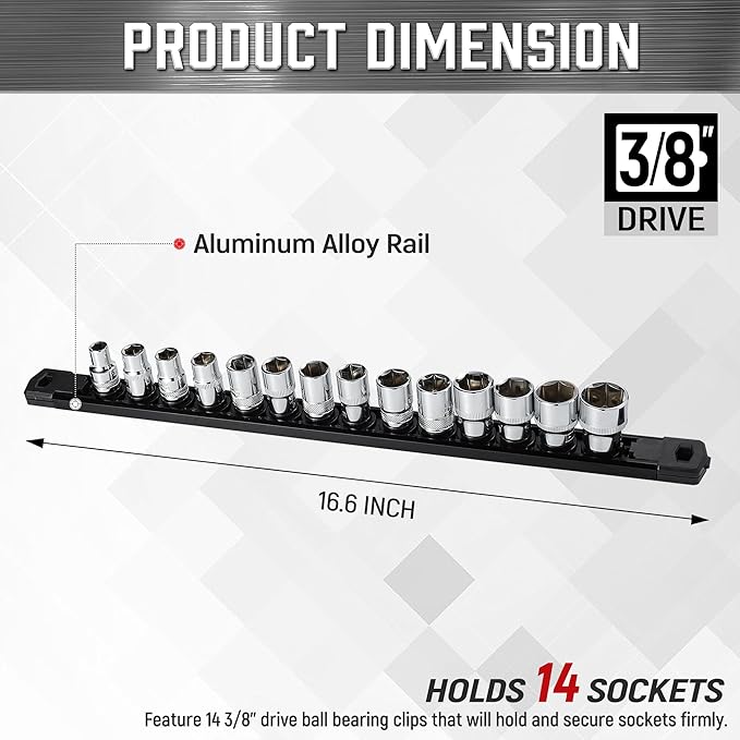 ALOANES 3/8-Inch Drive Magnetic Socket Organizer, Heavy Duty Aluminum Socket Rail Organizer, 360° Swivel Clips Socket Holder Kit for Tool Box, 3/8-Inch Socket Holder x 14 Clips (Black)