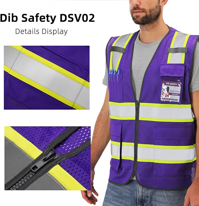 Dib Safety Reflective Mesh Vest High Visibility Two Tone with Pockets and Zipper, Purple Mesh with Yellow Trim S