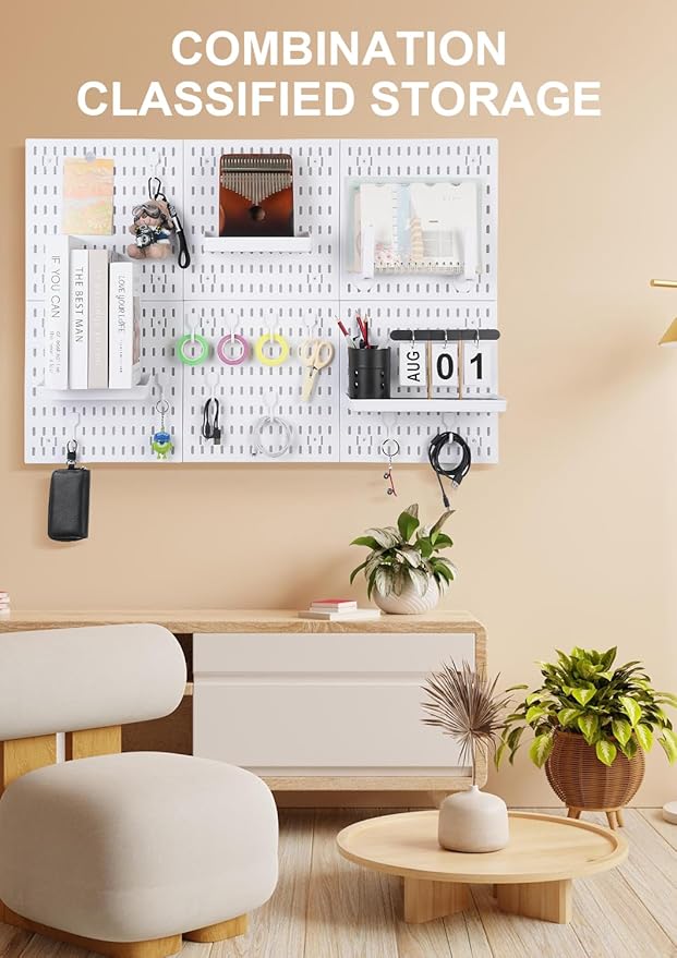 Pegboard Wall Organizer Kit – Heavy Duty 20lbs Load Bearing, Easy Installation, 4 Peg Board Panels 14 Accessories – Multi-Surface Use For Garage, Office, Kitchen & Crafts (White Pegboard,24″×24″)
