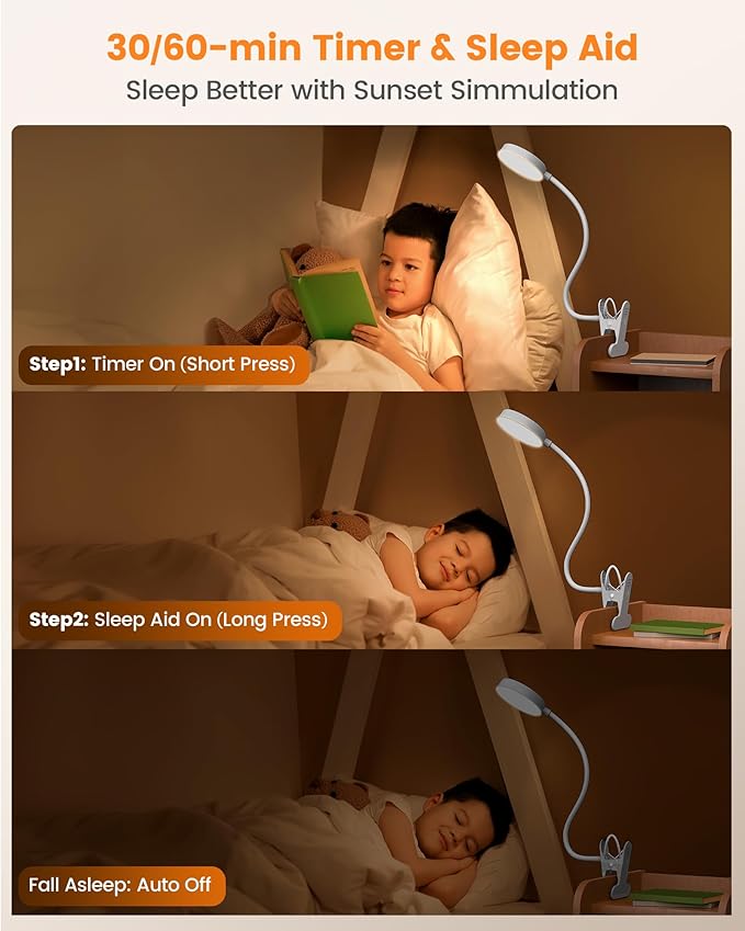 Glocusent 5W 72 LED Reading Clip on Light for Bed, Eye Caring Bed Lamp, 3 Colors & 5 Brightness Levels for Headboard with Adapter, Perfect for Reading, Working & Studying (White 2.0)