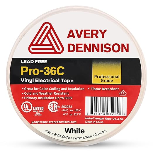 Avery Dennison Electrical Tape, Professional Grade PVC Electric Tape, UL/CSA Listed Insulating Vinyl Tape for Electrical, Repairs, Automotive and Equipment, Pro-36C, ¾ in x 66 ft, White, 1 Roll