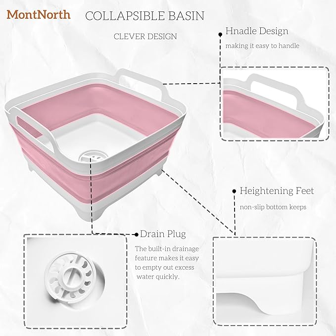 Collapsible Wash Basin 9L, Foldable Dish Tub with Drain Plug, Portable Collapsible Dish Basin, Camping Sink for Washing Dishes, Laundry & Kitchen Use (Pink)