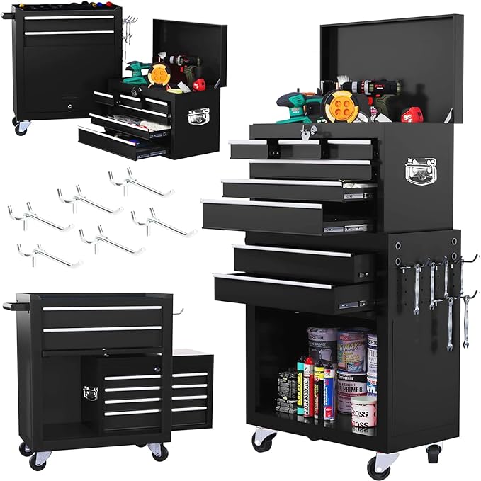 8-Drawer Rolling Tool Chest with Wheels - High Capacity Tool Cabinet with Detachable Top Toolbox for Garage and Workshop Organization - Metal Tool Cart with Liner & 6 Hooks, Black