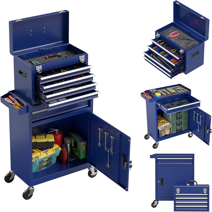 5-Drawer Rolling Tool Chest,Garage Storage Tool Box with Wheels,Lockable and Detachable Tool Cabinet,Heavy Duty Metal Tool Cart with Wheels for Garage,Warehouse,Workshop (Blue)