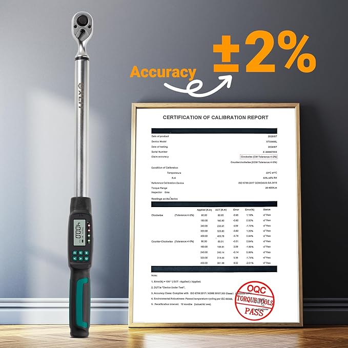 Heavy-Duty 1/2-Inch Drive Digital Torque Wrench, 15-295 ft-lb (20-400 Nm), ±2% Accuracy - High-Torque Electronic Wrench with Buzzer & LED Alerts, Adapters for Truck, Tractor & Farm Equipment