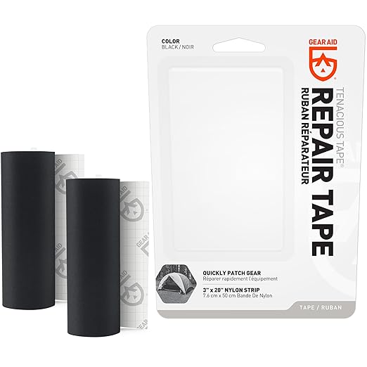 GEAR AID Tenacious Tape 3”x20” Fabric and Vinyl Gear Repair Tape, Quickly Fix Holes and Rips in Puffy Jackets, Rain and Snow Gear, Tents, Sleeping Bag and More, Black, 2 Pack