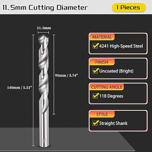 Drill Bit, 11.5mm Cutting Diameter, 4241 HSS 118° Cutting Angle Uncoated Bright Versatile Jobber Bits - (Applications: for Drilling Plastic Wood Soft Metal), 1-Pieces