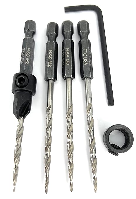 FTG USA Adjustable Wood Countersink Drill Bit #6 (9/64") with 3 Tapered Drill Bits for Woodworking