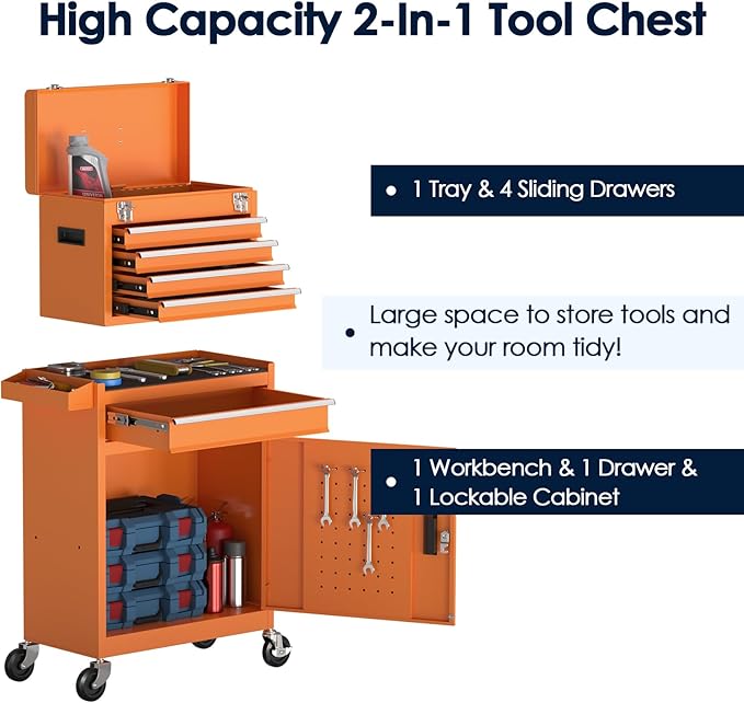 5-Drawer High Capacity Rolling Tool Chest, Tool Box with Drawers and Wheels, Toolbox on Wheels with Cabinet(Orange)