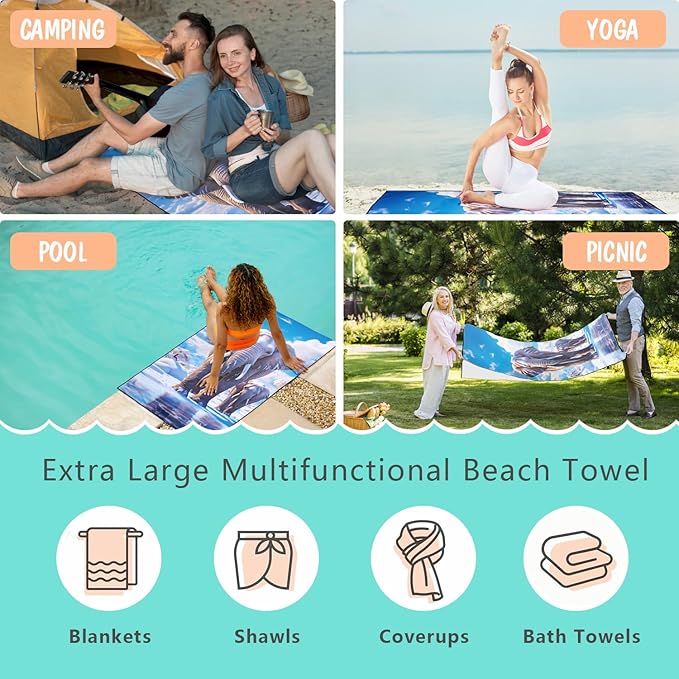 Glacier Elephant Beach Towel Oversized 36" x 72", Thin Lightweight Sand Free Quick Dry Microfiber Towel for Swimming Pool Cruise Camping Travel