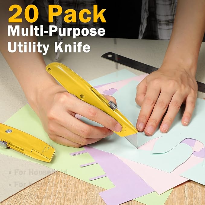Reginary 20 Pcs Box Cutter Bulk Retractable Utility Knife Heavy Duty Aluminum Alloy Razor Knife for Cardboard Box Carton Opener for DIY, Factory, Home Office(Yellow)